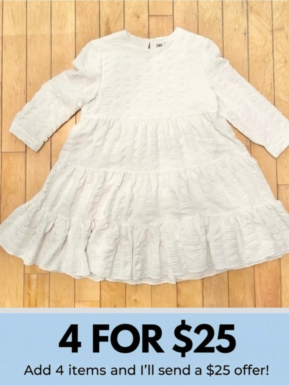 Zara Boho Romantic White Textured Ruffle 3/4 Sleeve Mini Dress Size Small